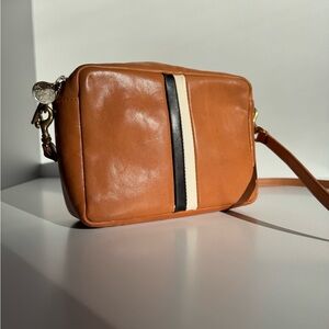 Clare V Cognac Leather Crossbody with Black & Cream Center Stripe